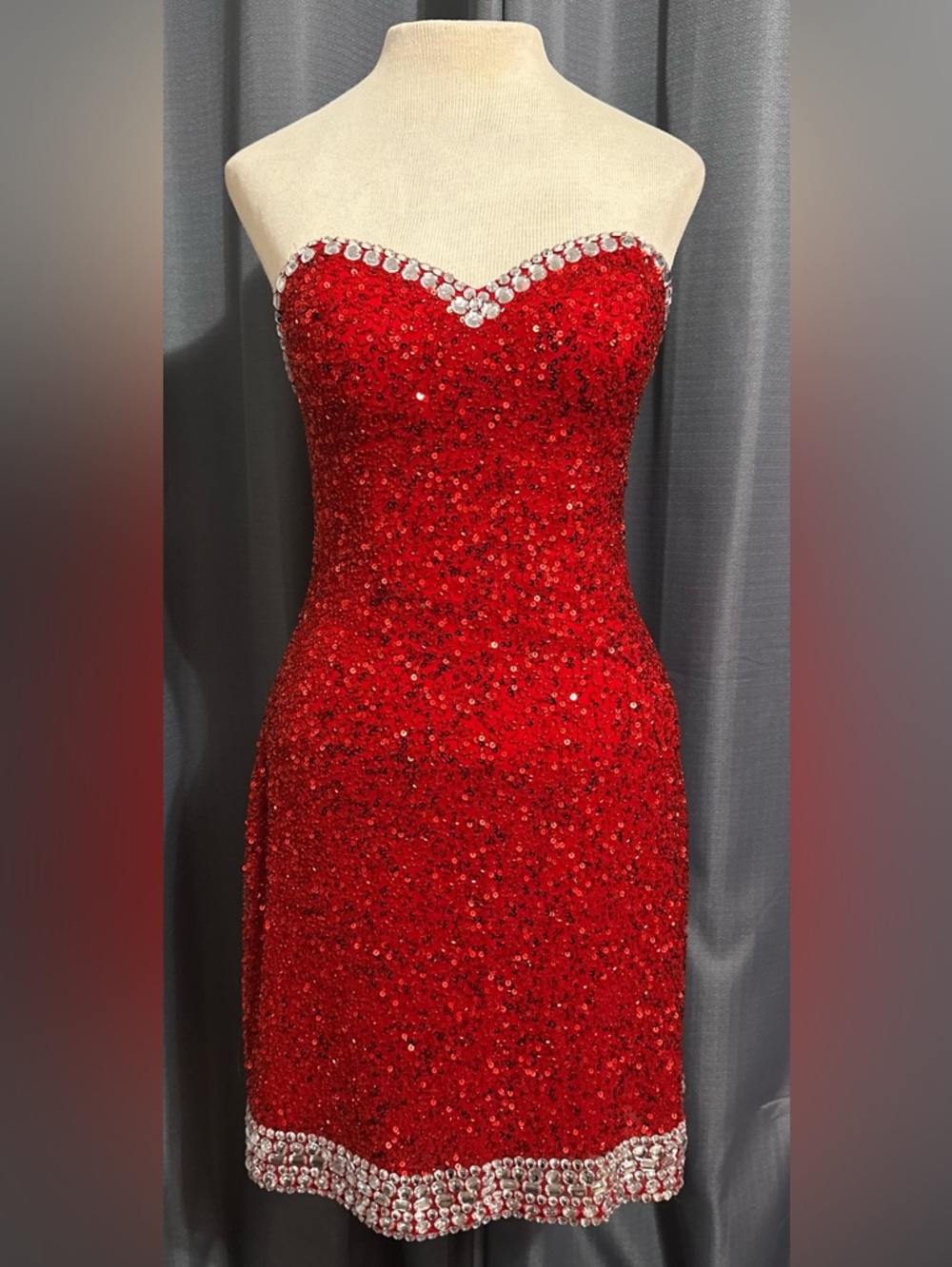 Scala Red Sequin Crystal Embellished Strapless Dress Prom Corset Gown 100 Silk 2